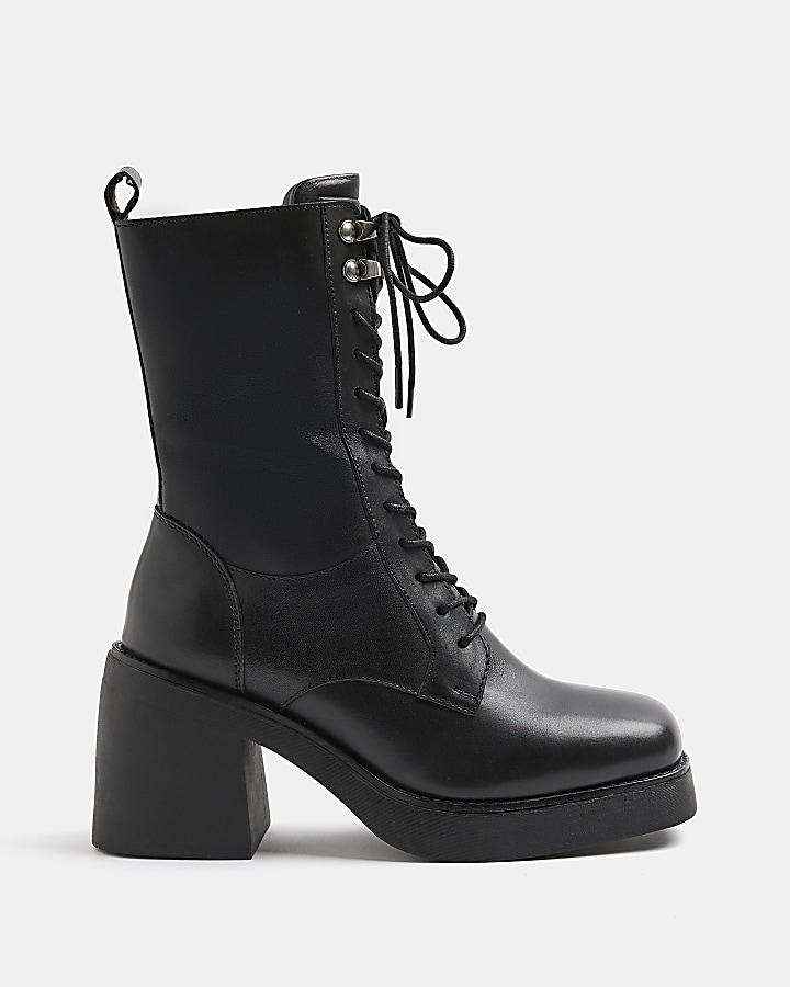 Black lace up heeled ankle boot | River Island