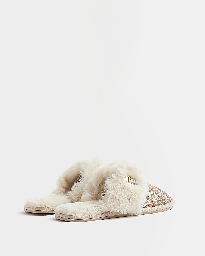 Brown jacquard faux fur slippers