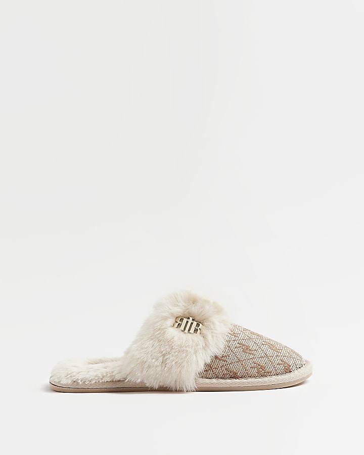 Brown jacquard faux fur slippers