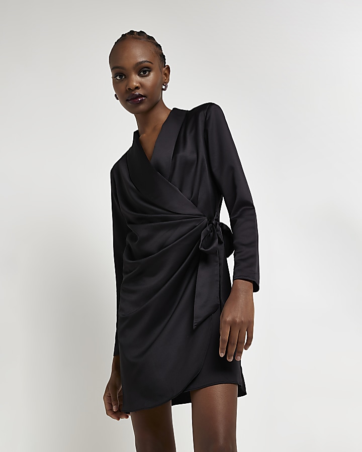 Black satin wrap mini blazer dress | River Island