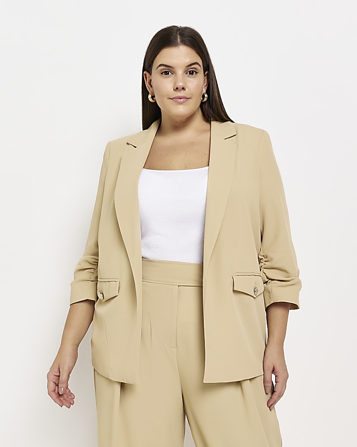 Plus beige ruched sleeves blazer | River Island