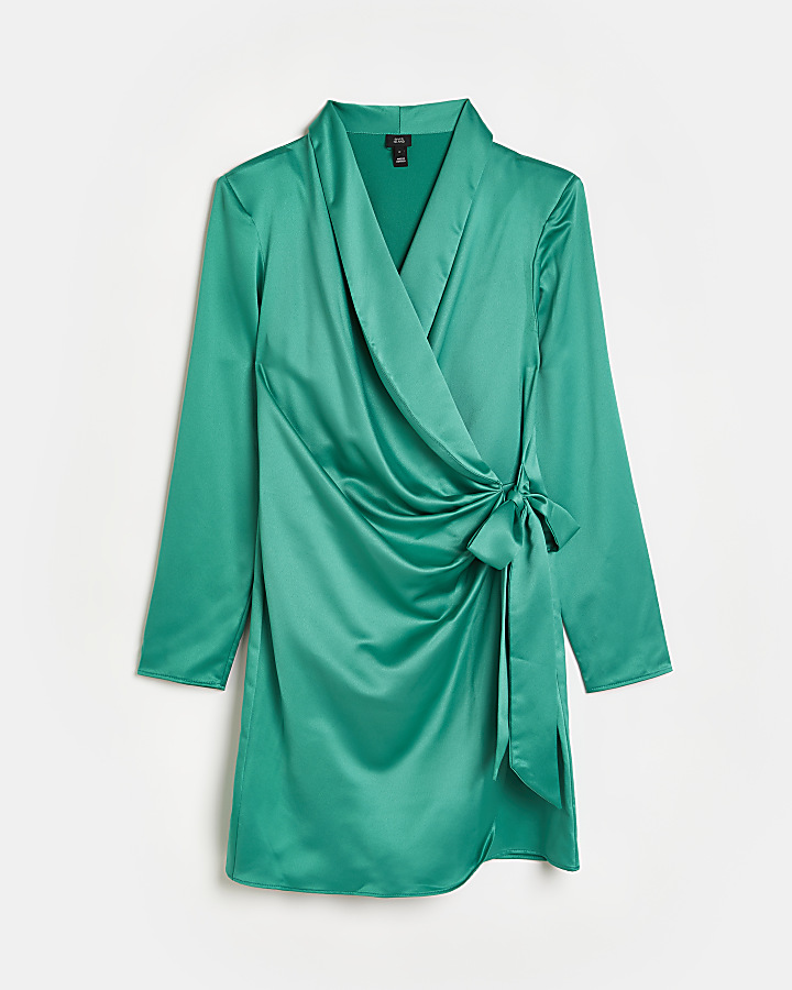 Green satin wrap mini blazer dress