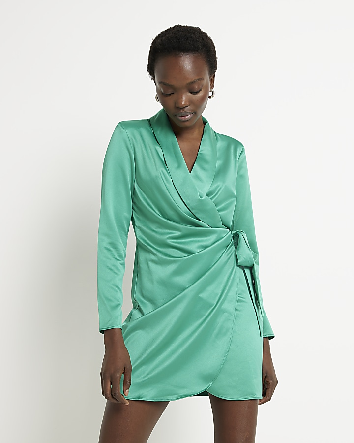 Green satin wrap mini blazer dress