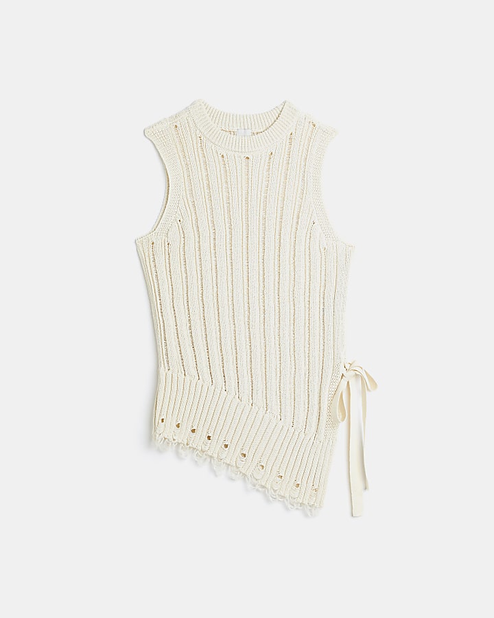 Beige asymmetric knit top