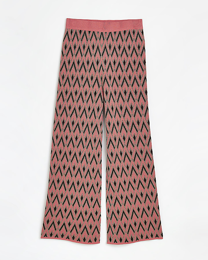 Pink print knit flared trousers