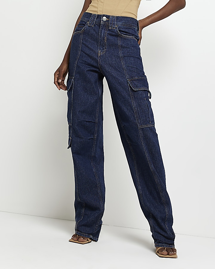 Blue mid rise pocketed cargo jeans