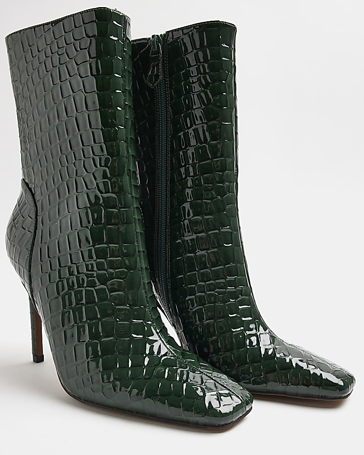 Green patent croc embossed heeled boots