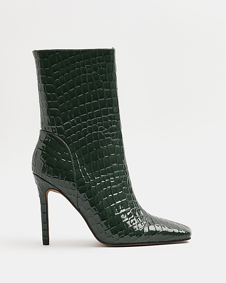 Green patent croc embossed heeled boots