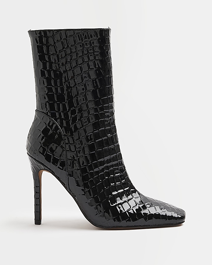 Black Patent croc embossed heeled Boots River Island