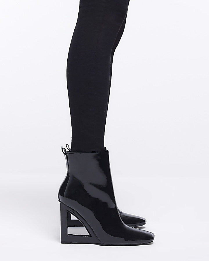Black patent wedge heeled ankle boots