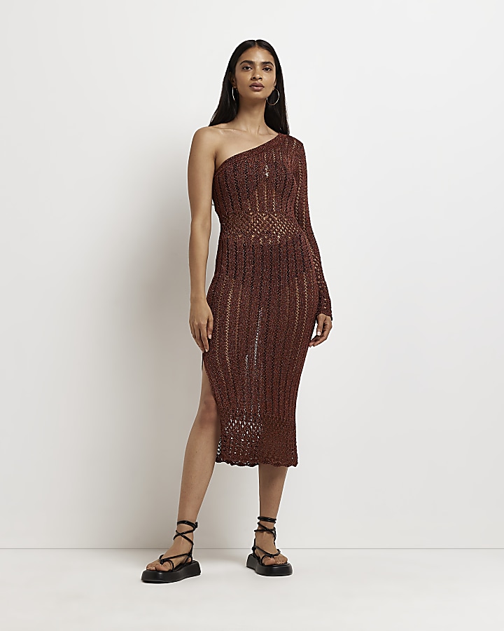 Rust crochet one shoulder midi dress