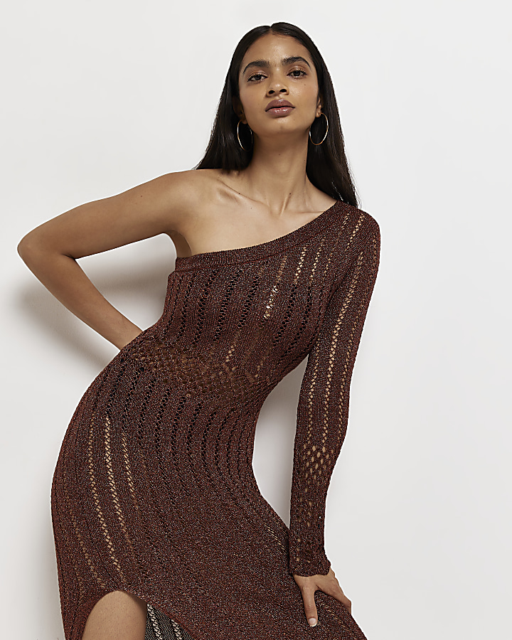Rust crochet one shoulder midi dress