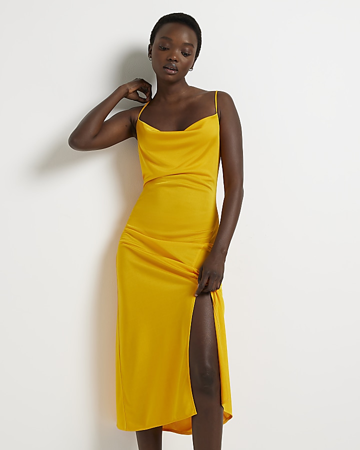 Orange cowl neck midi slip dress