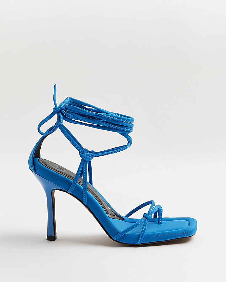 Blue strappy tie up heeled sandals