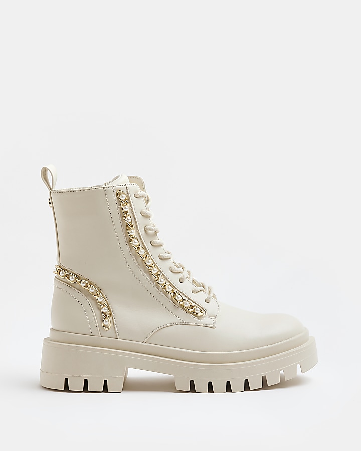 Cream chain lace up chunky boots