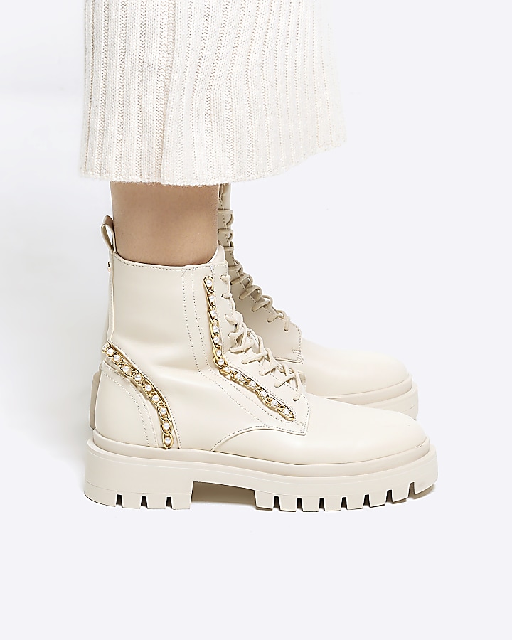 Cream chain lace up chunky boots