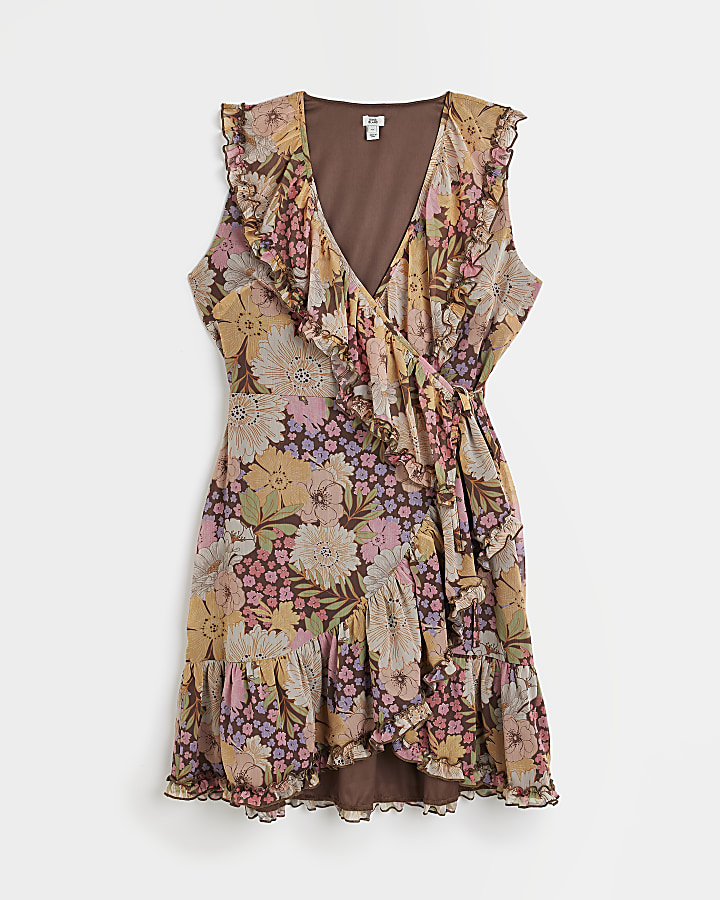 Brown floral frill wrap mini dress