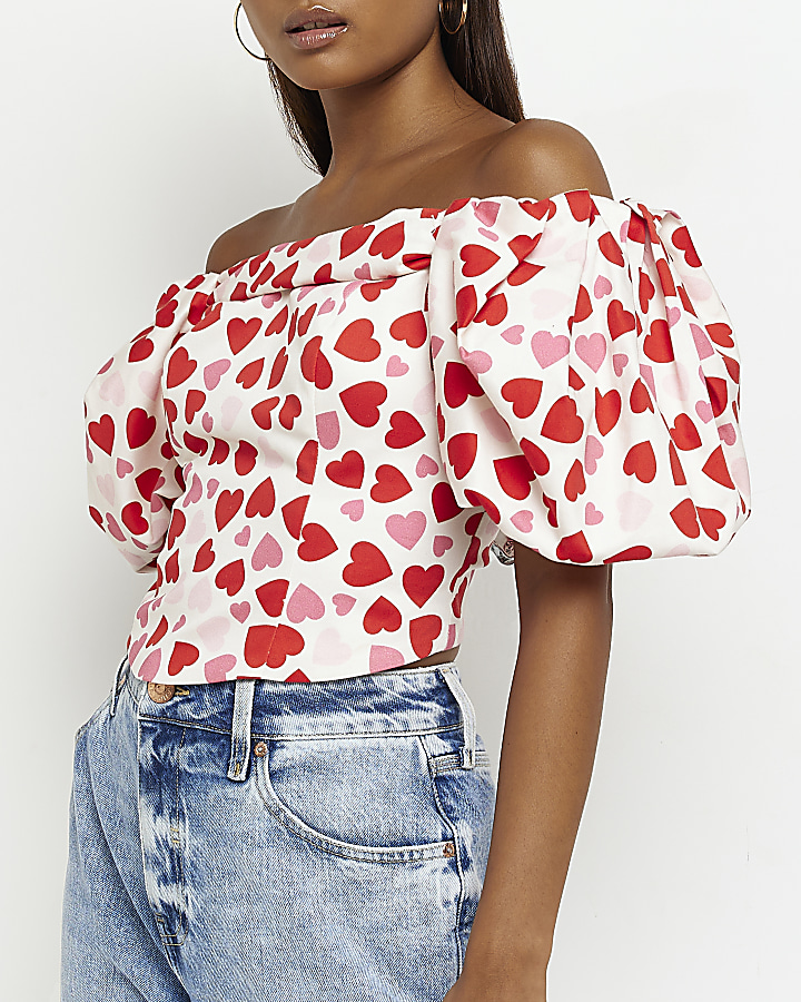 Petite white satin Heart Bardot top