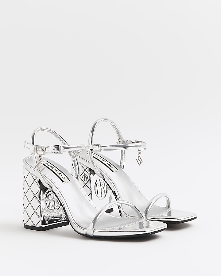 Silver embossed heeled strappy sandals