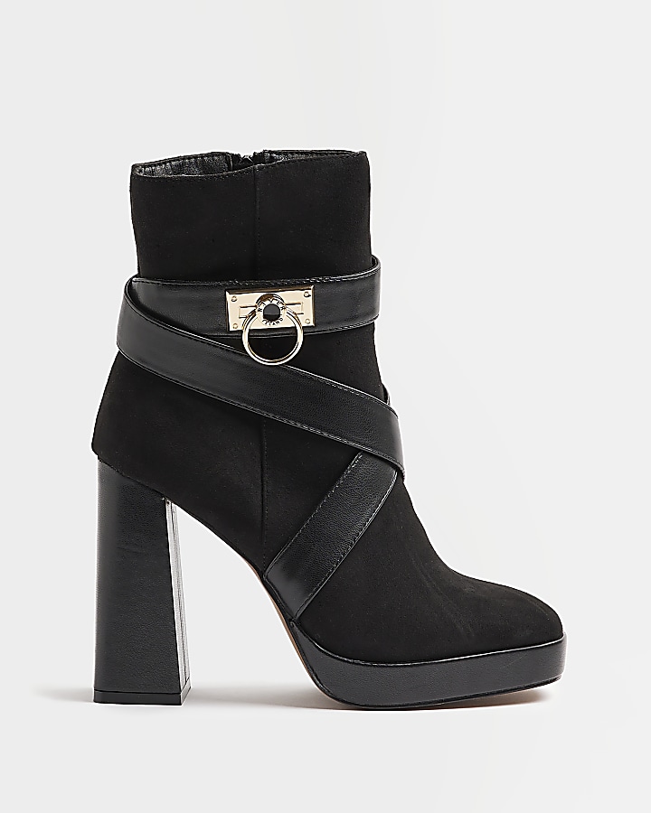 Black padlock heeled ankle boots