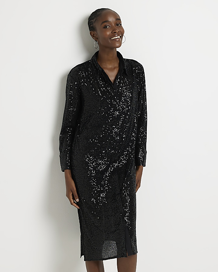 Black sequin long sleeve midi shirt dress