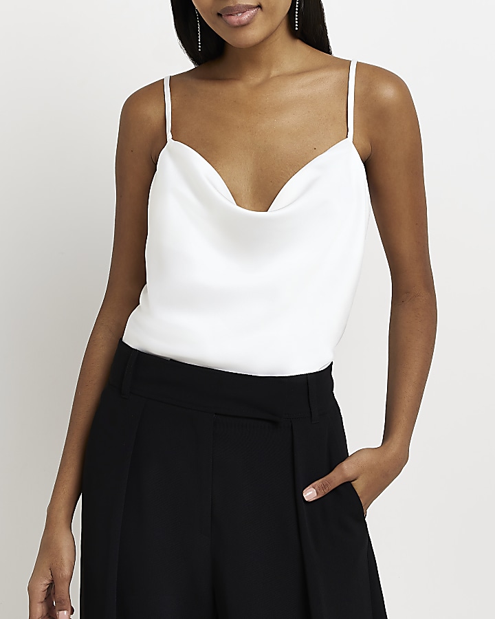 White satin cowl neck cami top