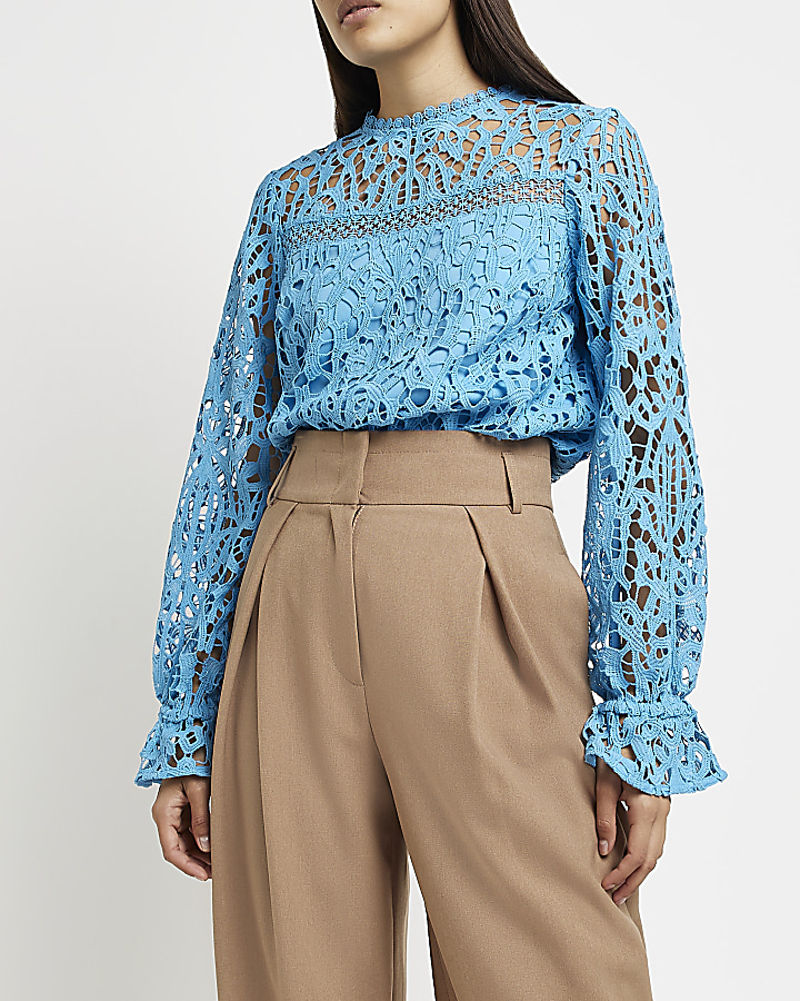 Blue lace long sleeve top sale