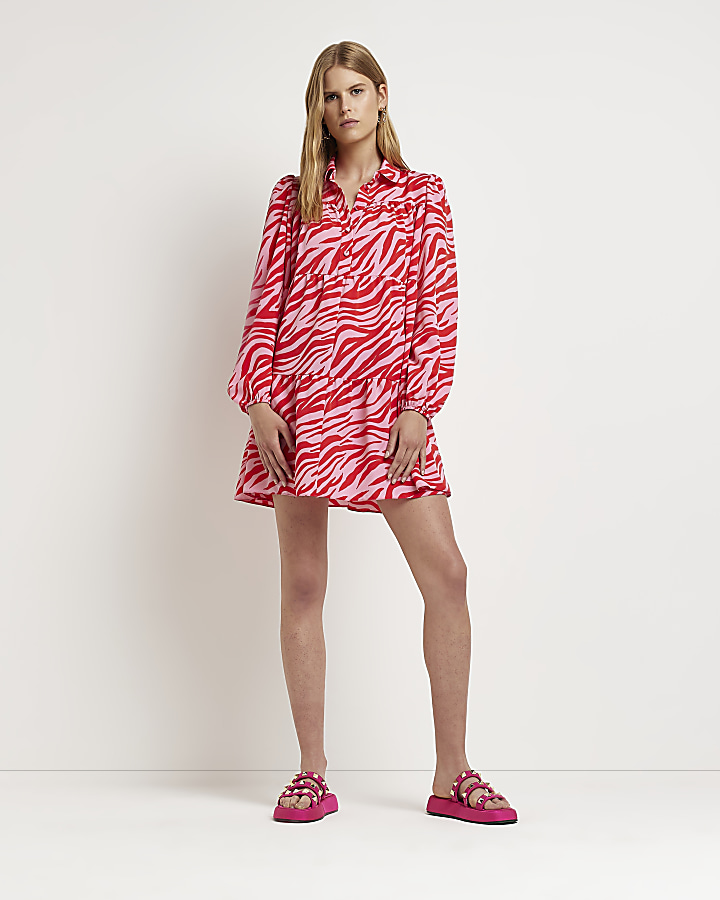 Pink long sleeve zebra print mini shirt dress