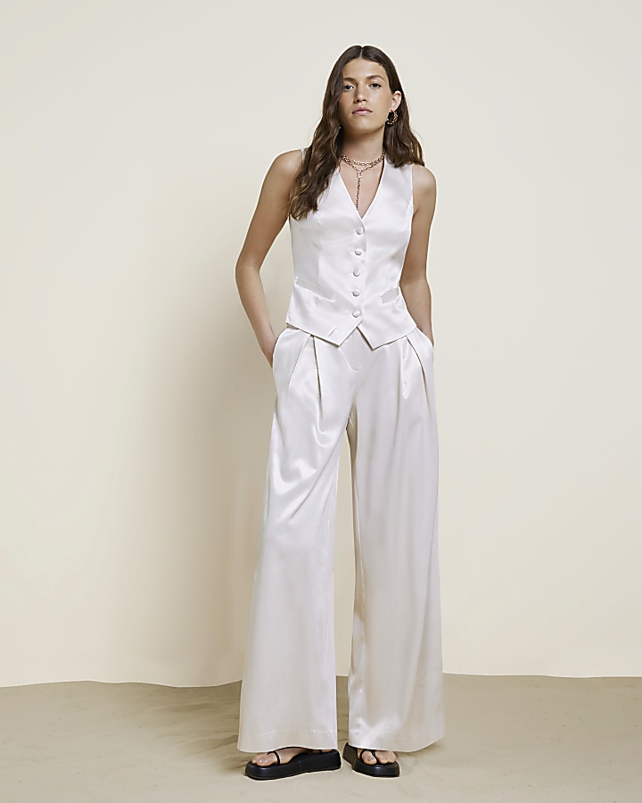 Cream RI studio wide leg pleated trousers