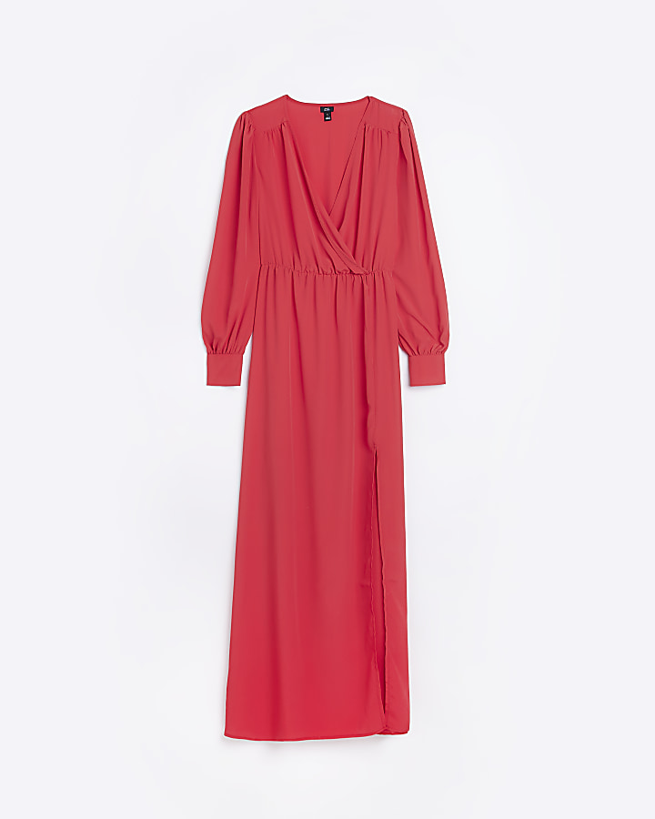 Red long sleeve wrap maxi dress