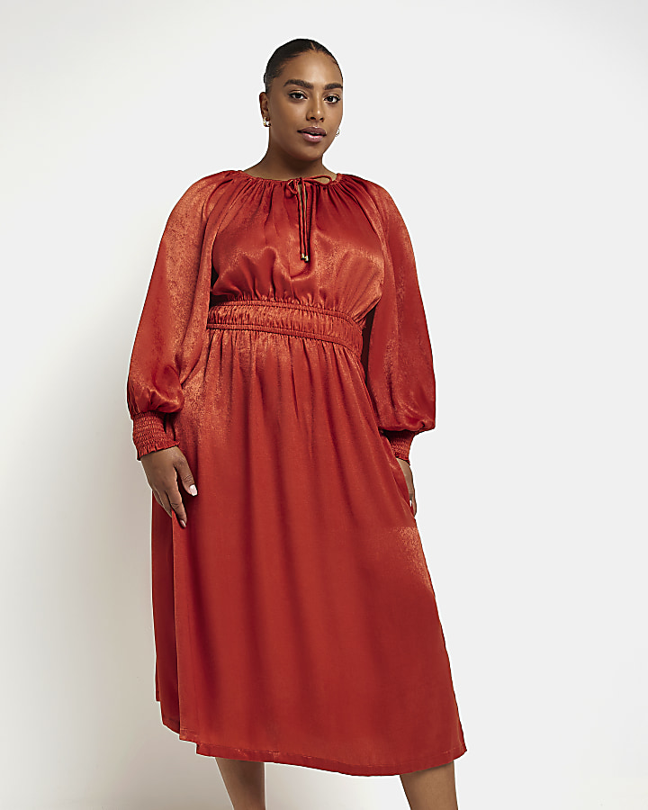 Plus red long sleeve satin midi dress