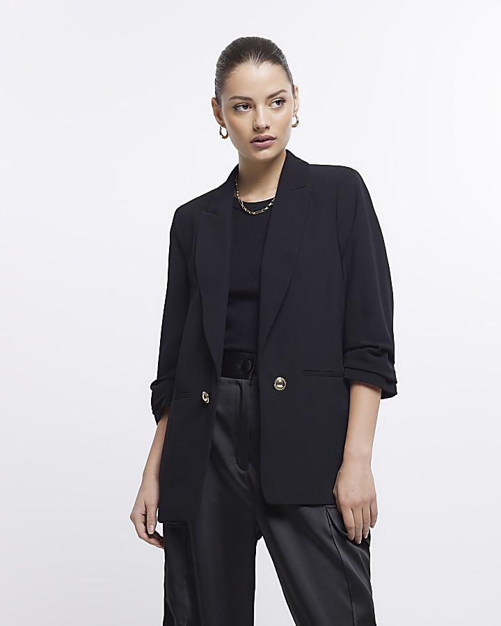 Black ruched sleeve blazer