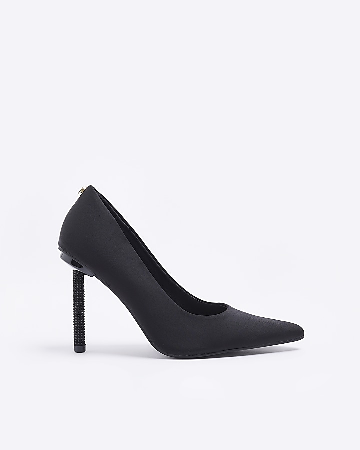 Black wide fit satin heeled court shoes | River Island