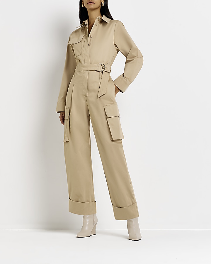 Brown utility cargo jumpsuit River Island