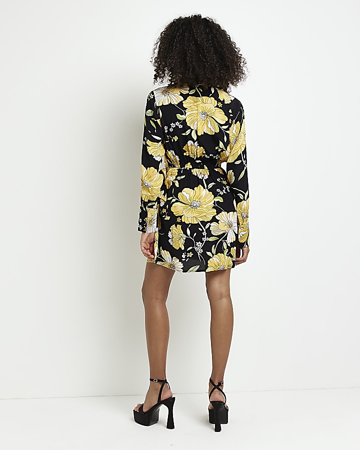 Black floral long sleeve wrap mini dress River Island