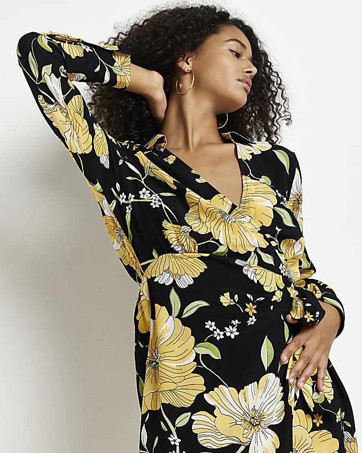 Black floral long sleeve wrap mini dress River Island