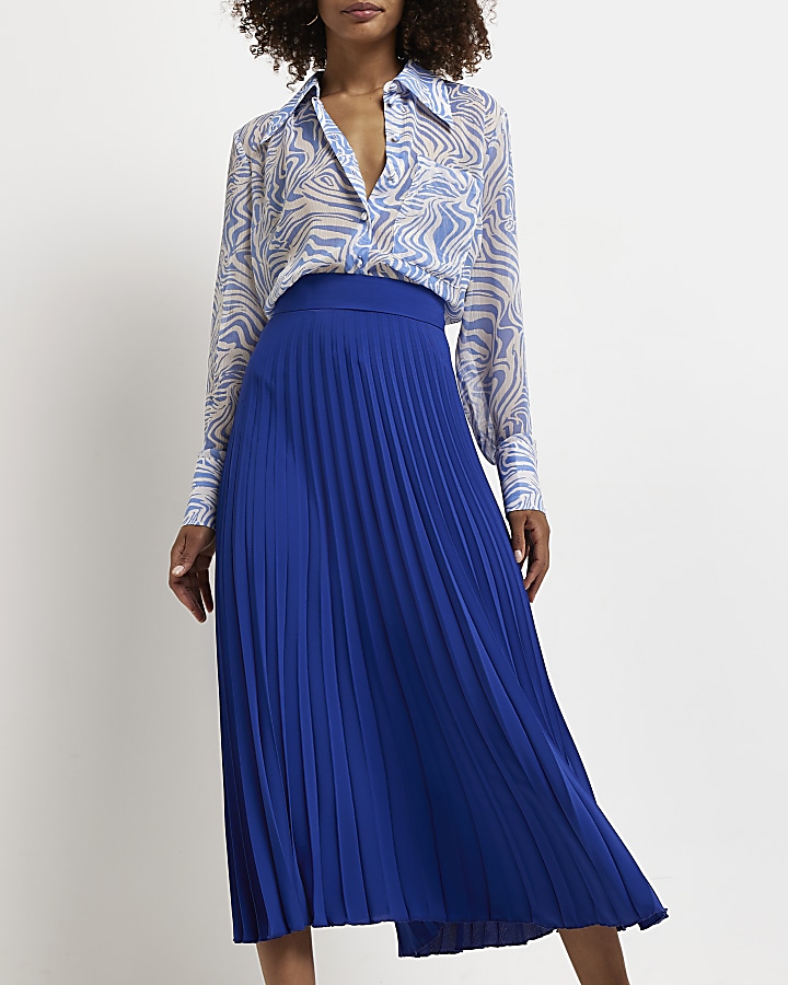 Blue pleated midi skirt River Island