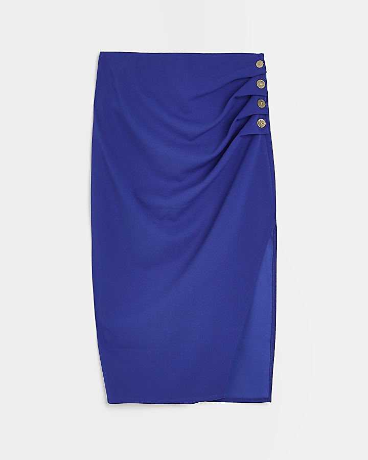 Blue pleated split hem midi skirt