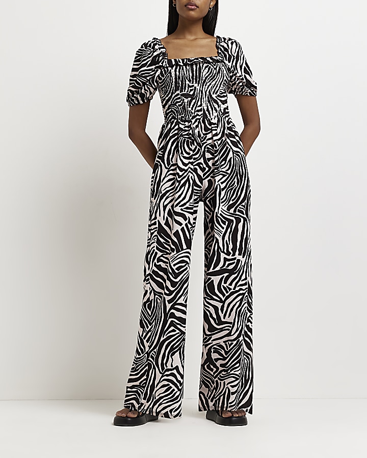 Black animal print shirred jumpsuit