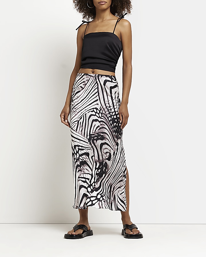 Black printed satin midi skirt