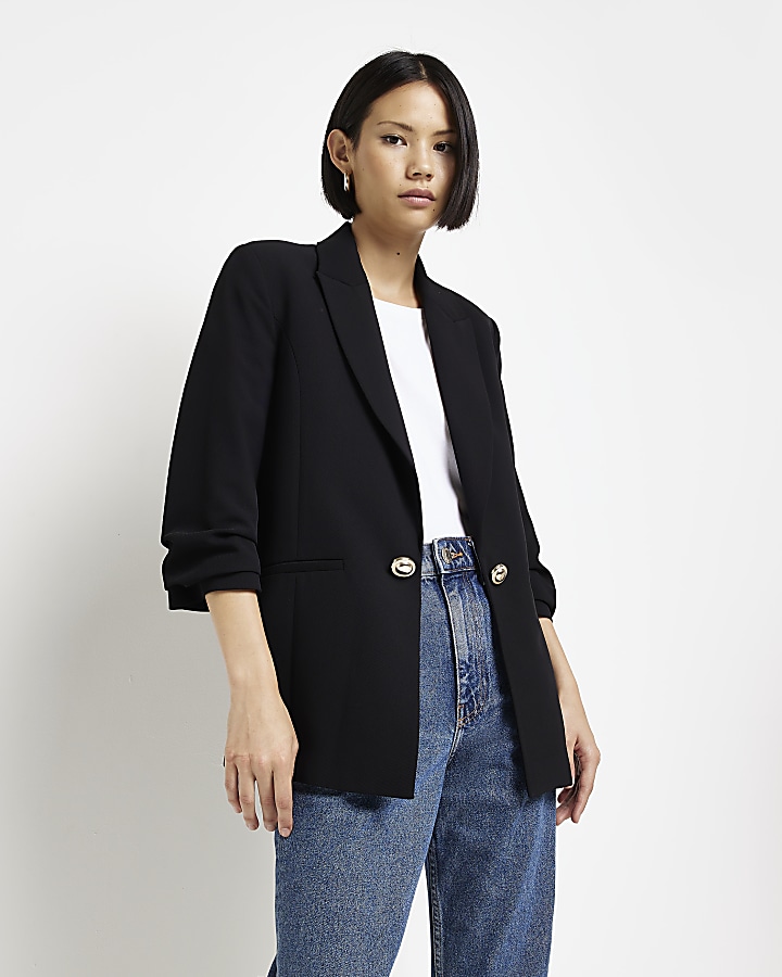 Black ruched sleeve blazer