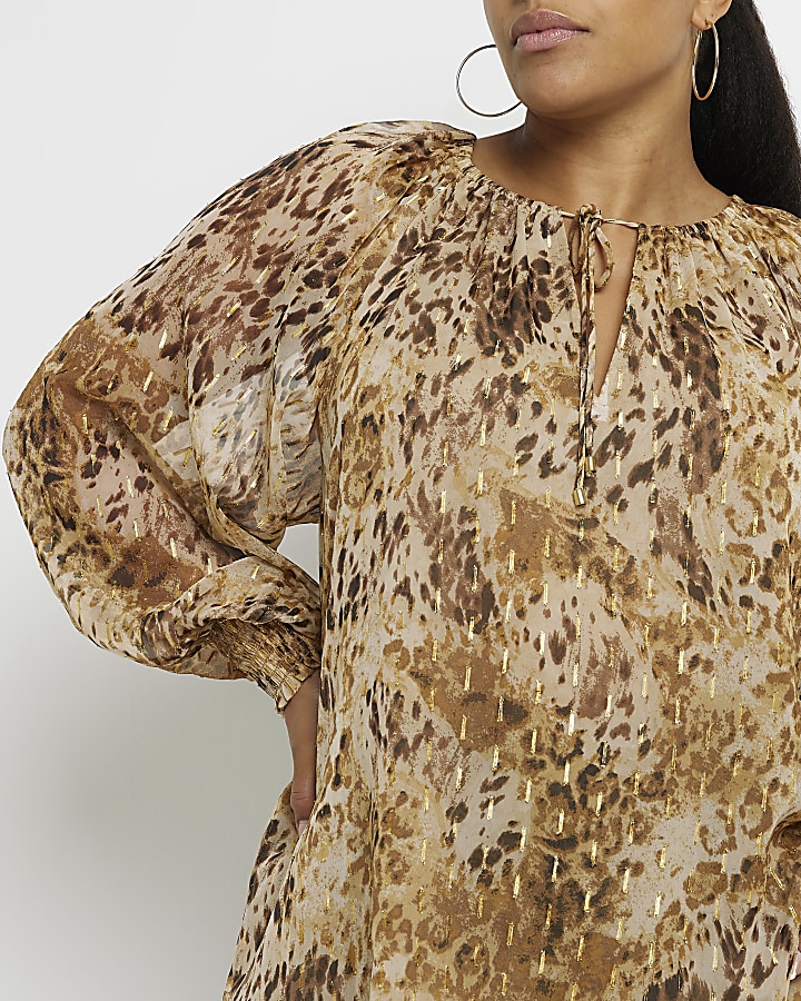 Plus beige chiffon leopard long sleeve blouse