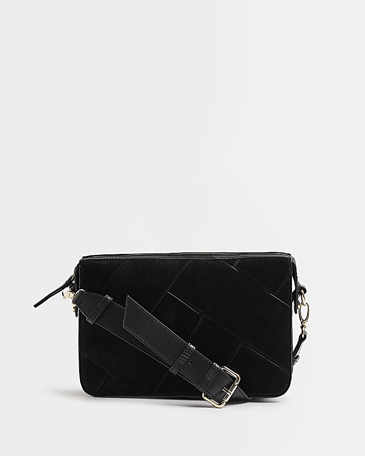 Black suede woven cross body bag River Island