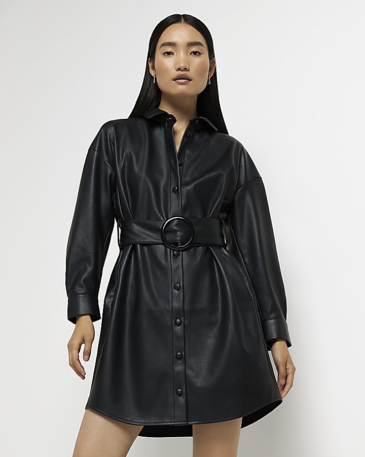 Black faux leather mini shirt dress | River Island