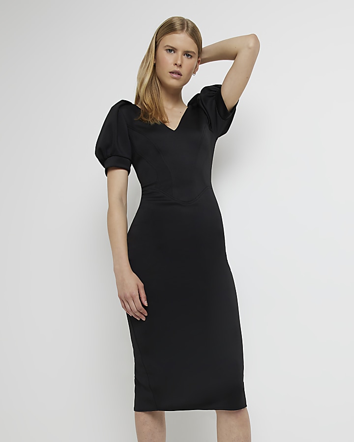 Black puff sleeve midi hot sale dress