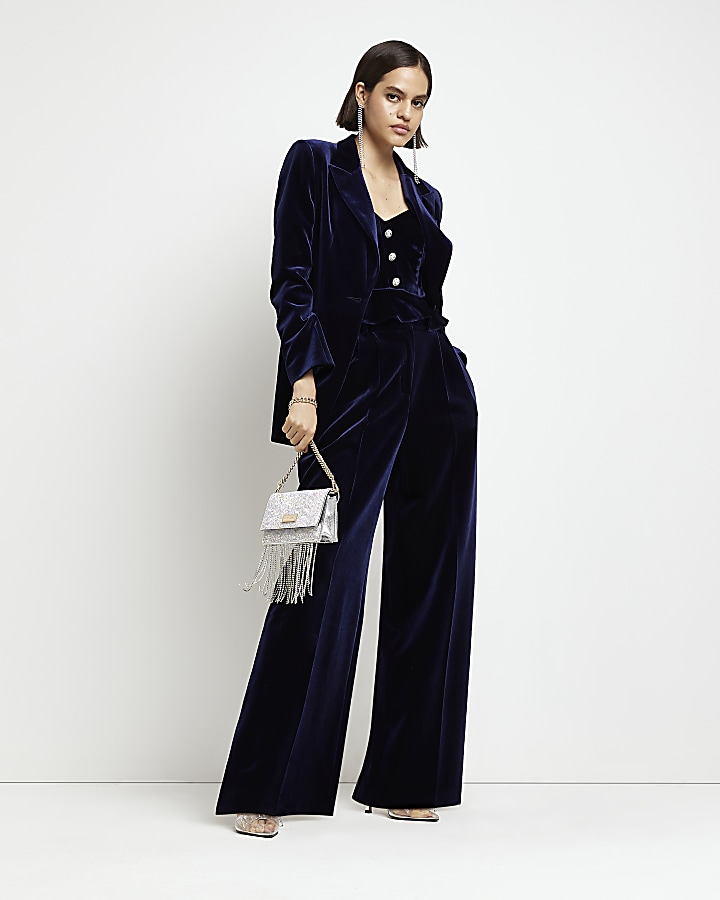 Midnight Blue Velvet Wide Leg Trousers