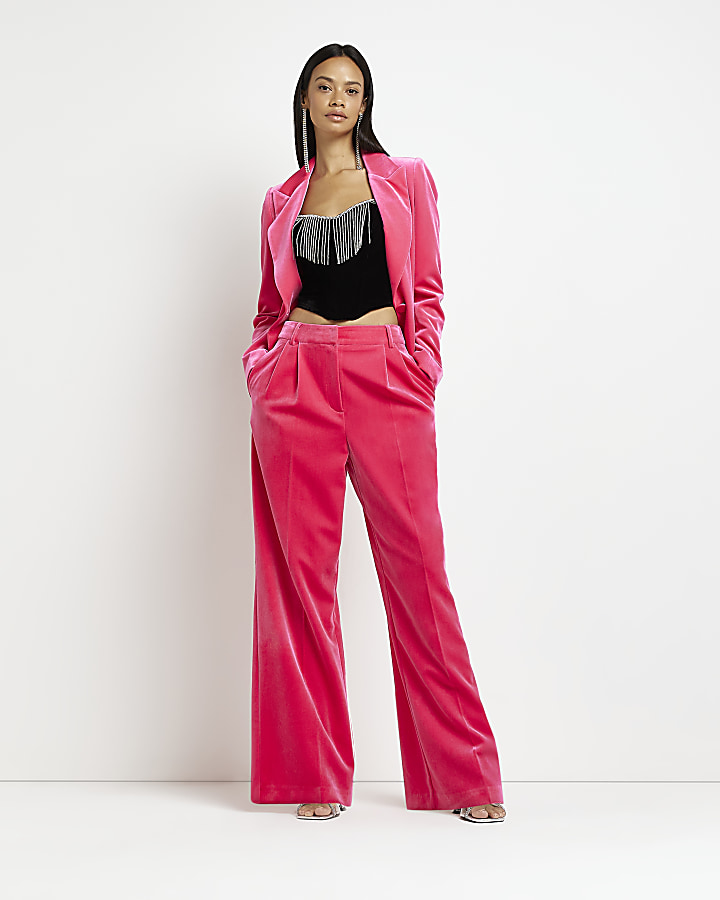 Buy Girls Pink Mid Rise Velvet Wide Leg Co-ord Pants Online at