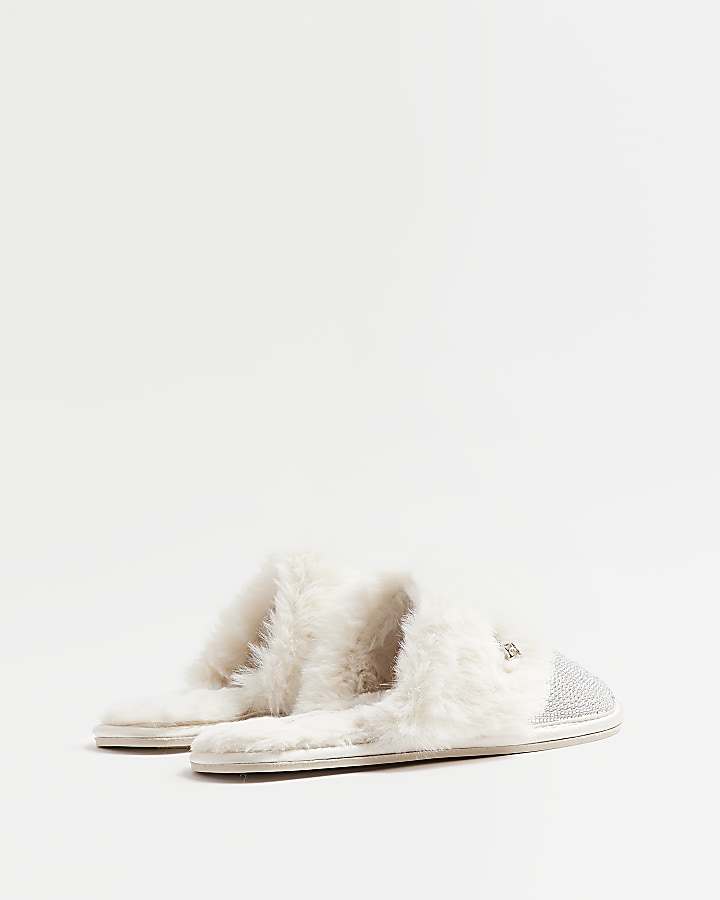 Cream diamante faux fur slippers | River Island