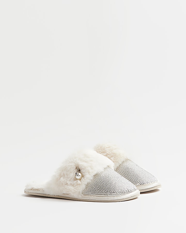 Cream diamante faux fur slippers