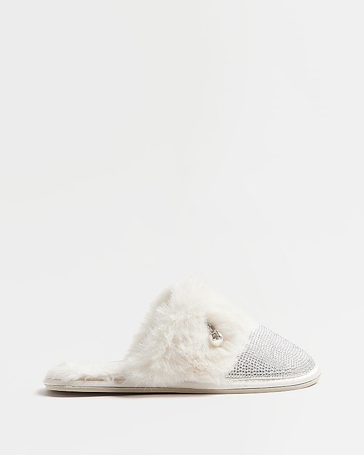 Cream diamante faux fur slippers | River Island